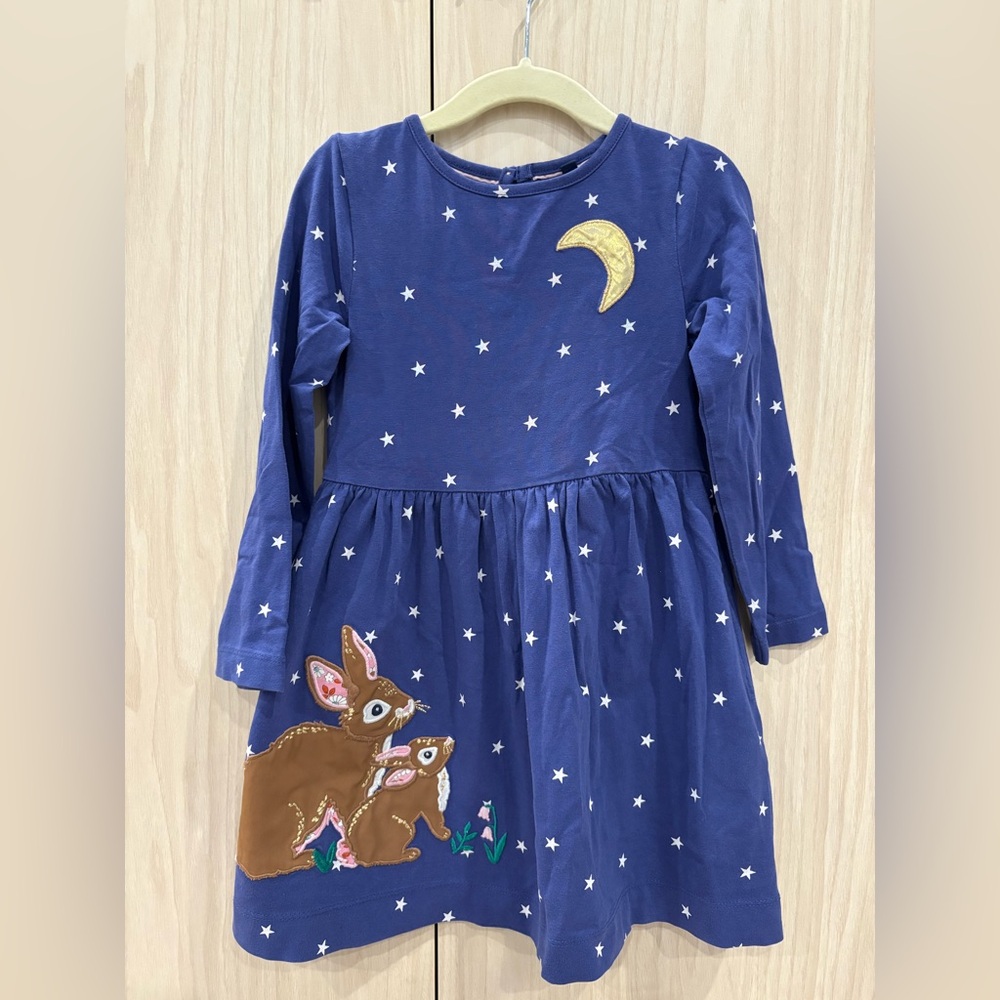 Mini Boden Blue Dress with Bunny and Moon Design